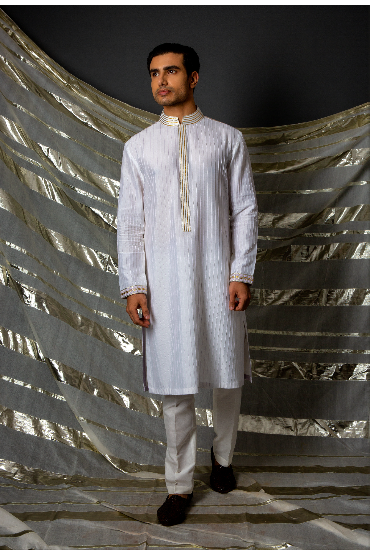 Off white lilac thread pintucks kurta with pleating detail set - Kunal Anil Tanna