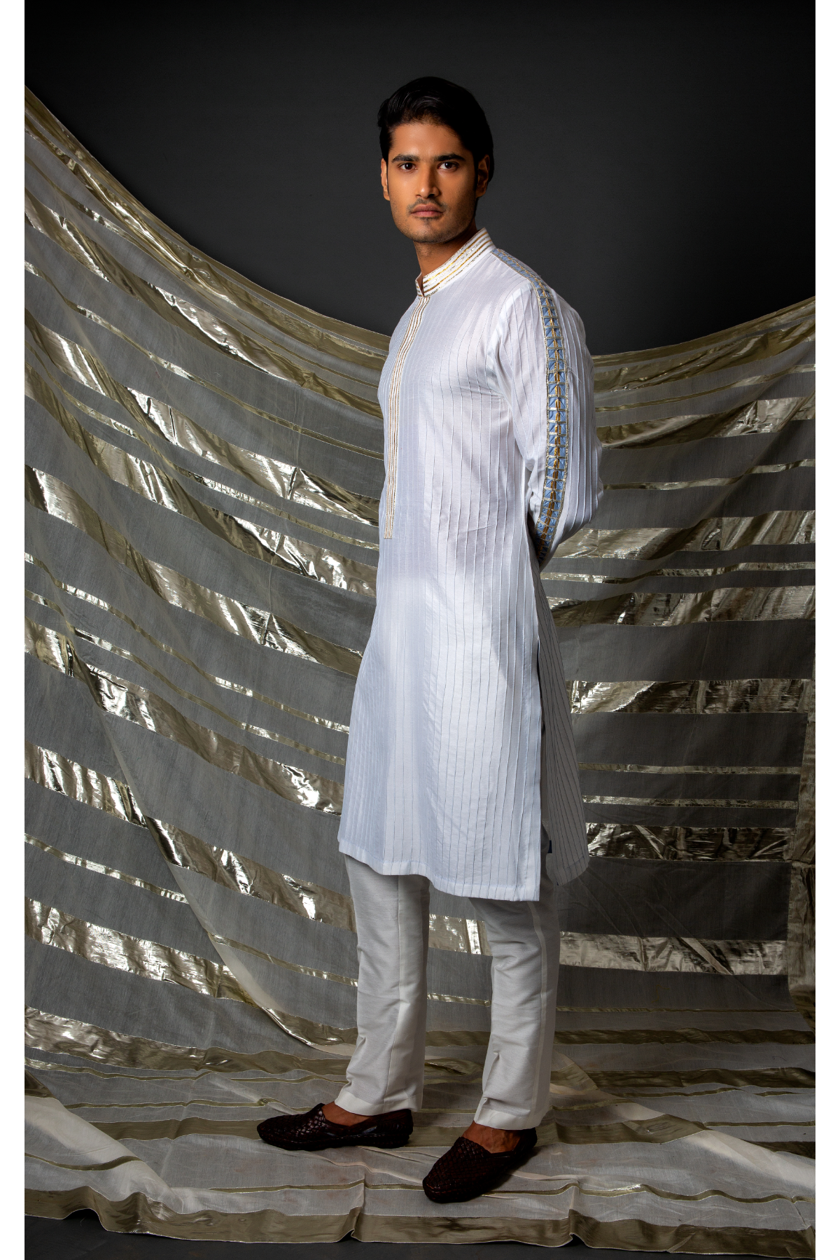 Off white blue thread pintucks kurta with pleating detail set - Kunal Anil Tanna
