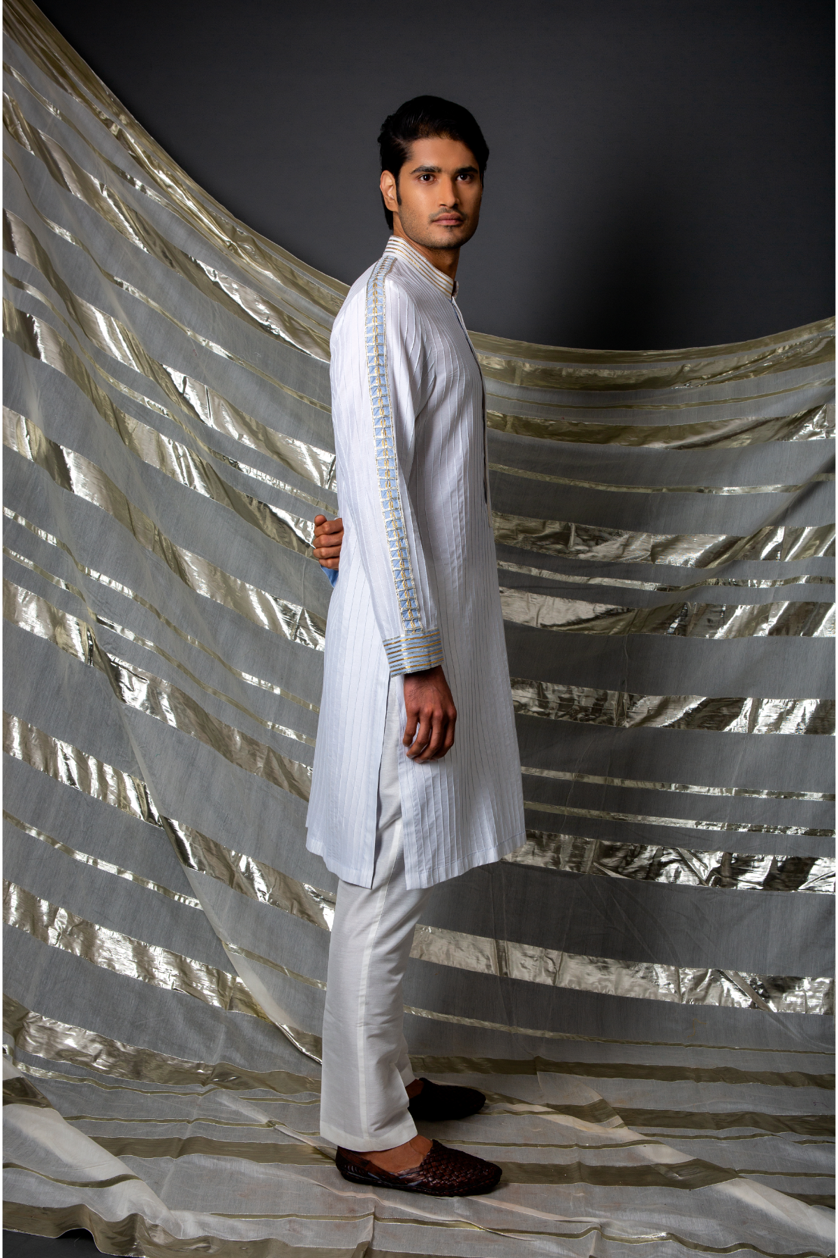 Off white blue thread pintucks kurta with pleating detail set - Kunal Anil Tanna