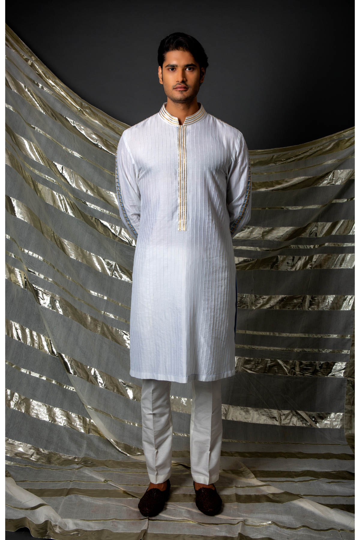 Off white blue thread pintucks kurta with pleating detail set - Kunal Anil Tanna