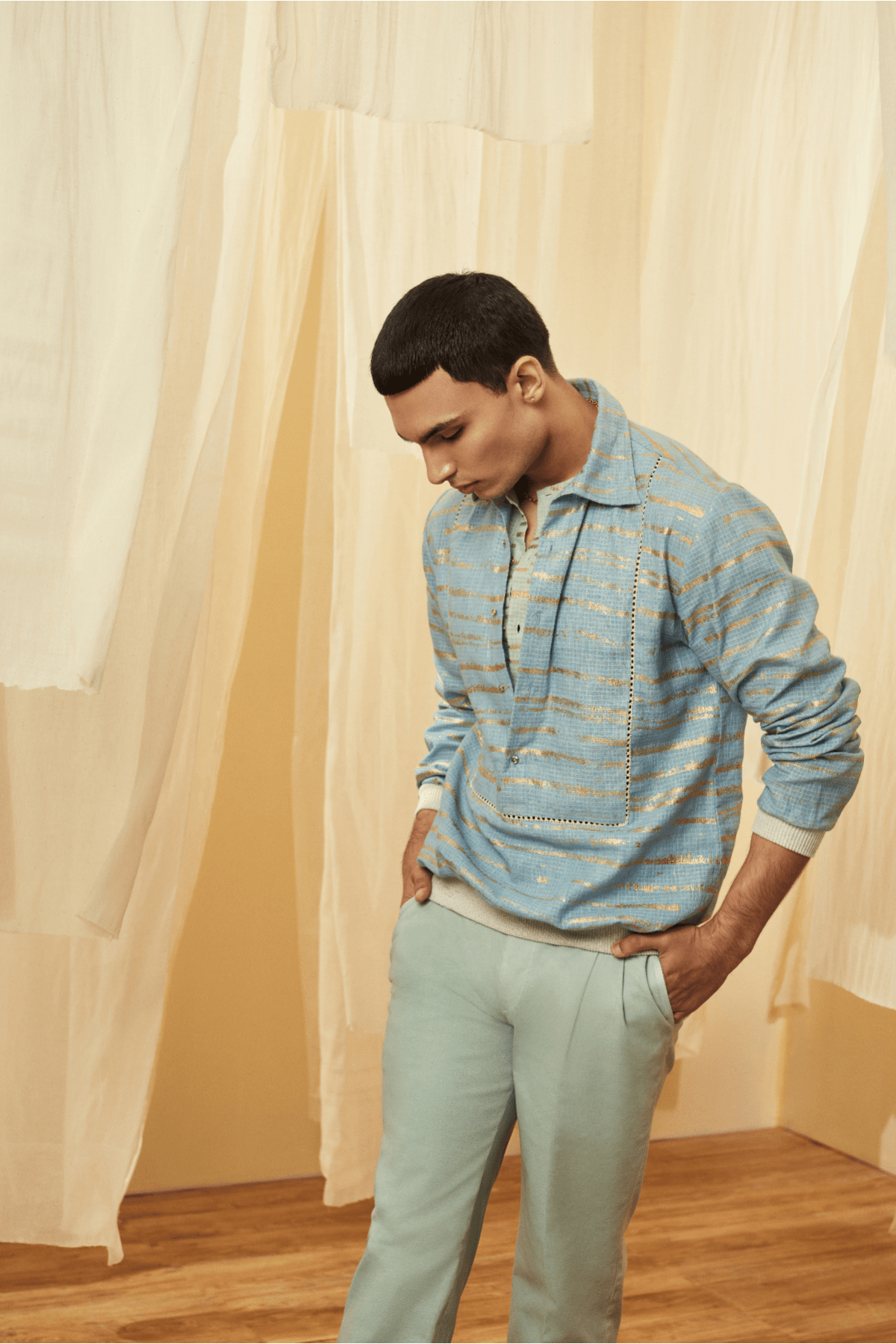 Blue Mock Layered Tunic and Green Trousers - Kunal Anil Tanna