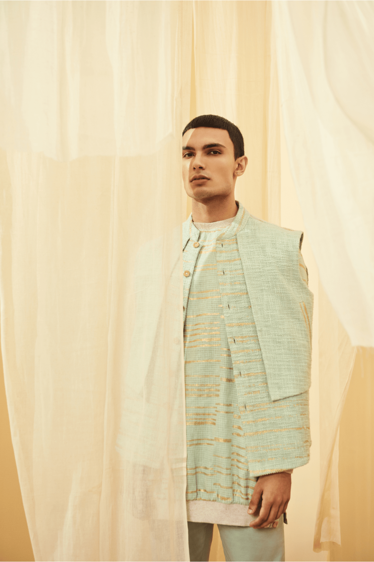 Green Mock-layered Bandi Jacket, Green Long Polo neck and Green Trousers - Kunal Anil Tanna