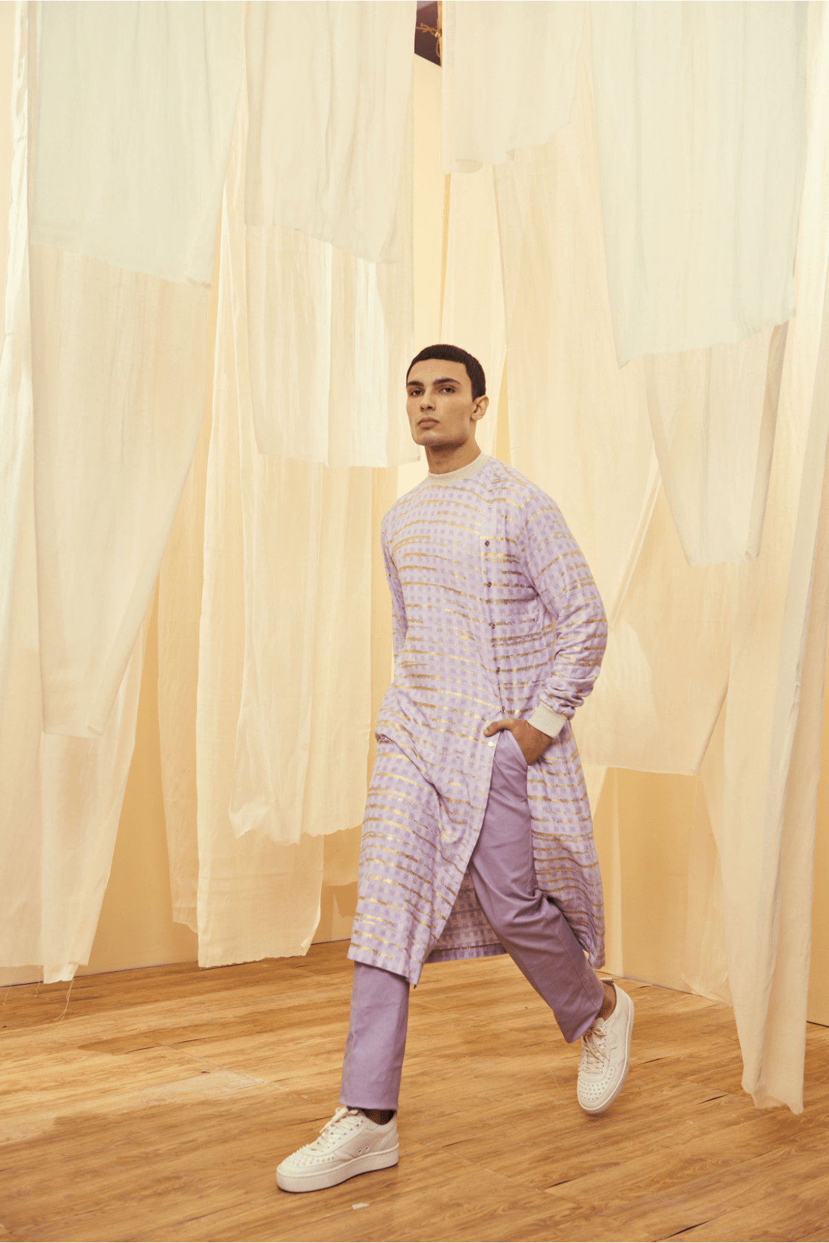 Lilac Trench Jacket, Lilac Long Poloneck Tunic with Lilac Trousers - Kunal Anil Tanna