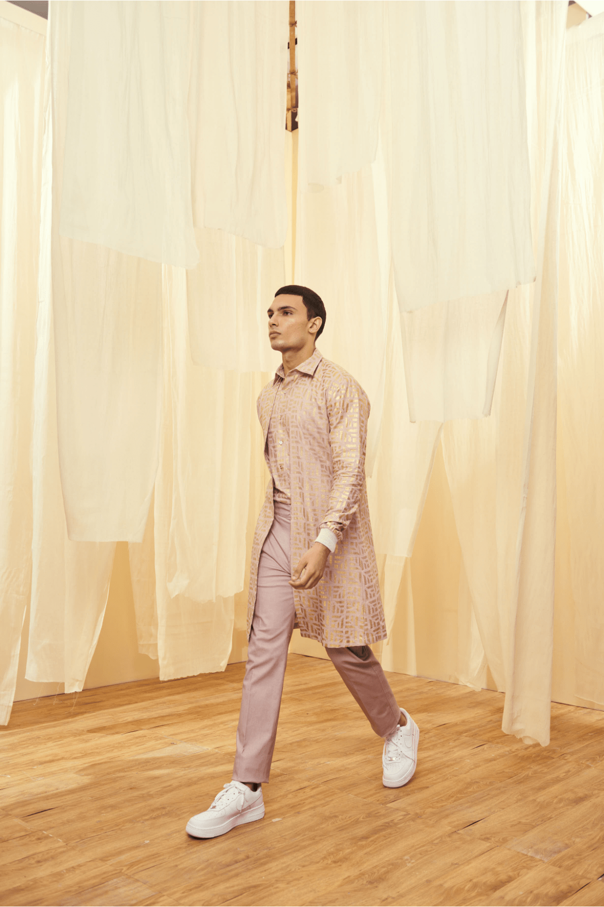 Oyster Beige Mock Layered Tunic with Lilac Trousers - Kunal Anil Tanna
