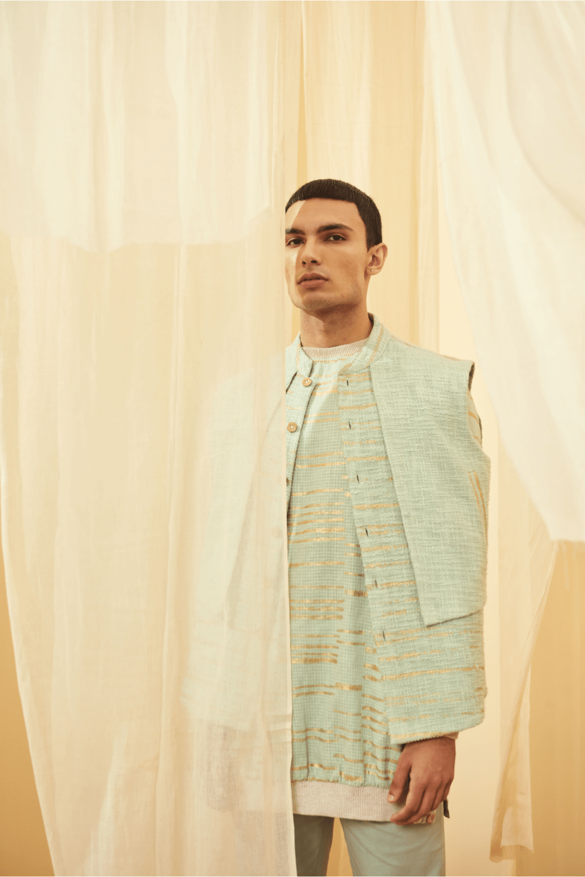 Green Mock-layered Bandi Jacket, Green Long Polo neck and Green Trousers - Kunal Anil Tanna