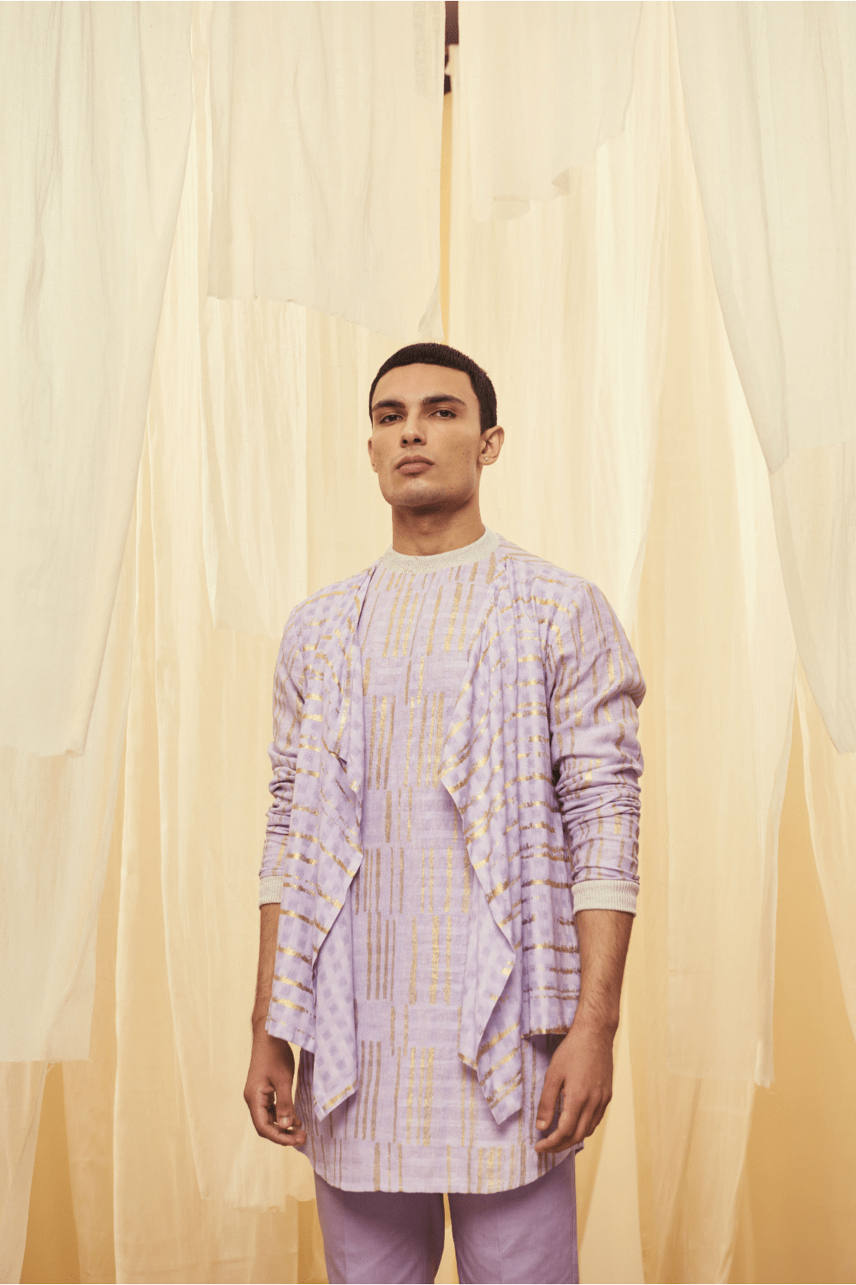Oyster Beige Waistcoat, Lilac Mock Layered Poloneck Tunic with Lilac Trousers - Kunal Anil Tanna