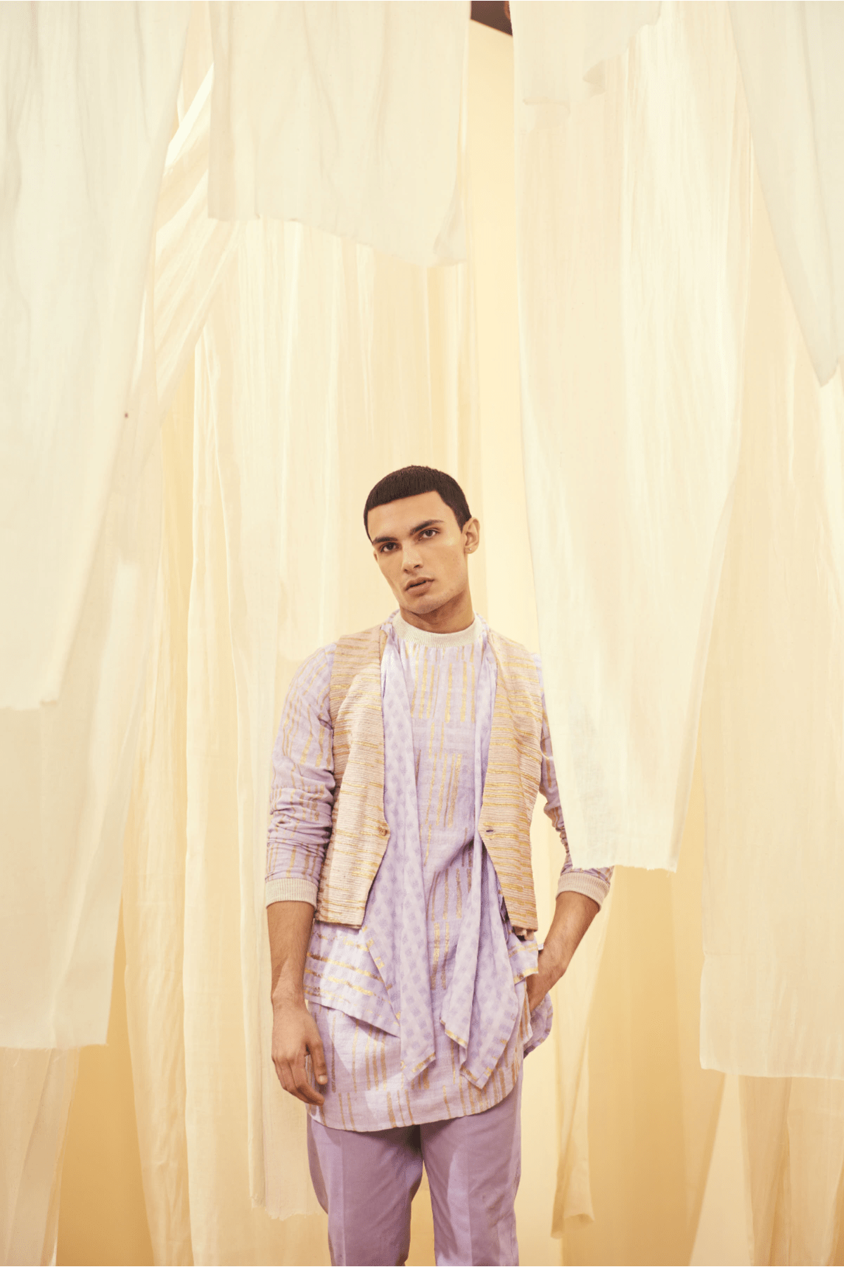 Oyster Beige Waistcoat, Lilac Mock Layered Poloneck Tunic with Lilac Trousers - Kunal Anil Tanna