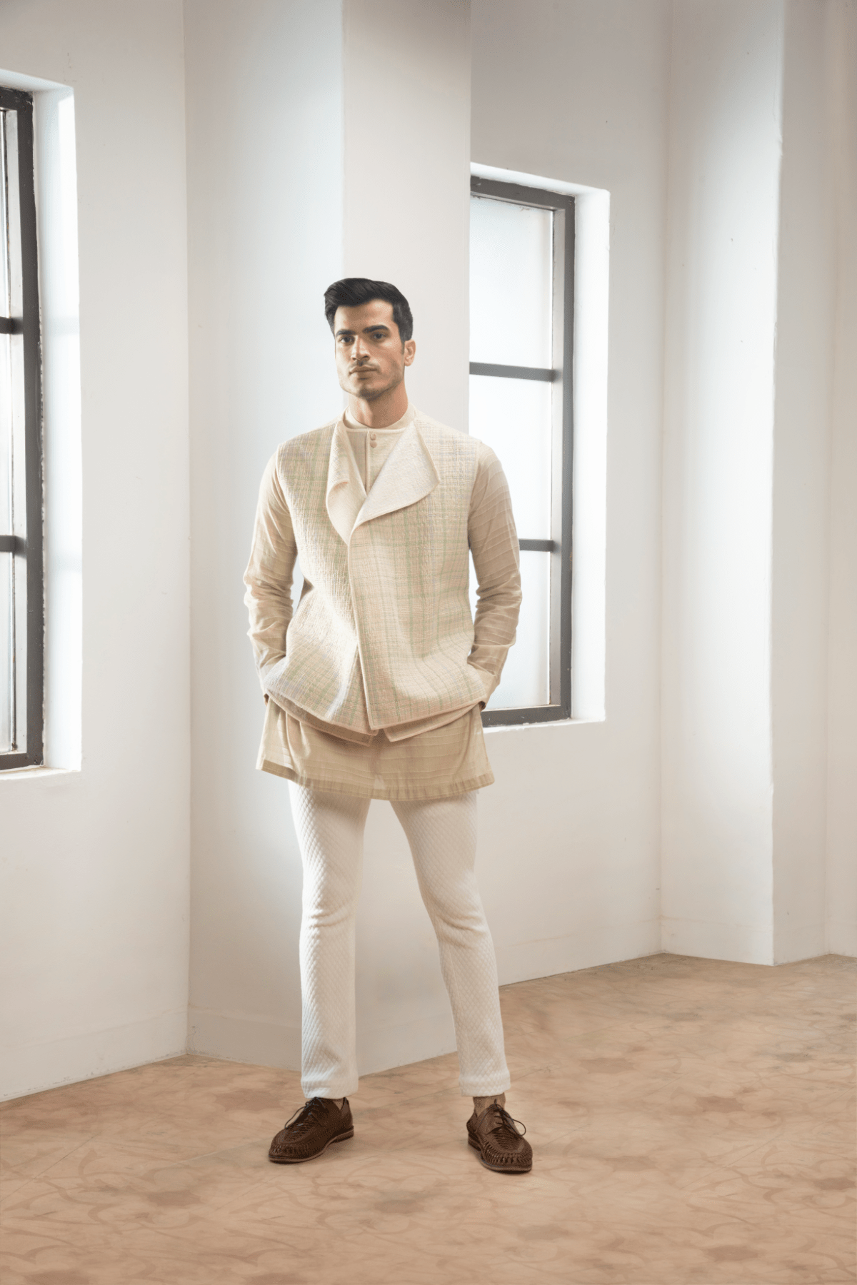 Ivory textured jacket with off white kurta and white pants. - Kunal Anil Tanna