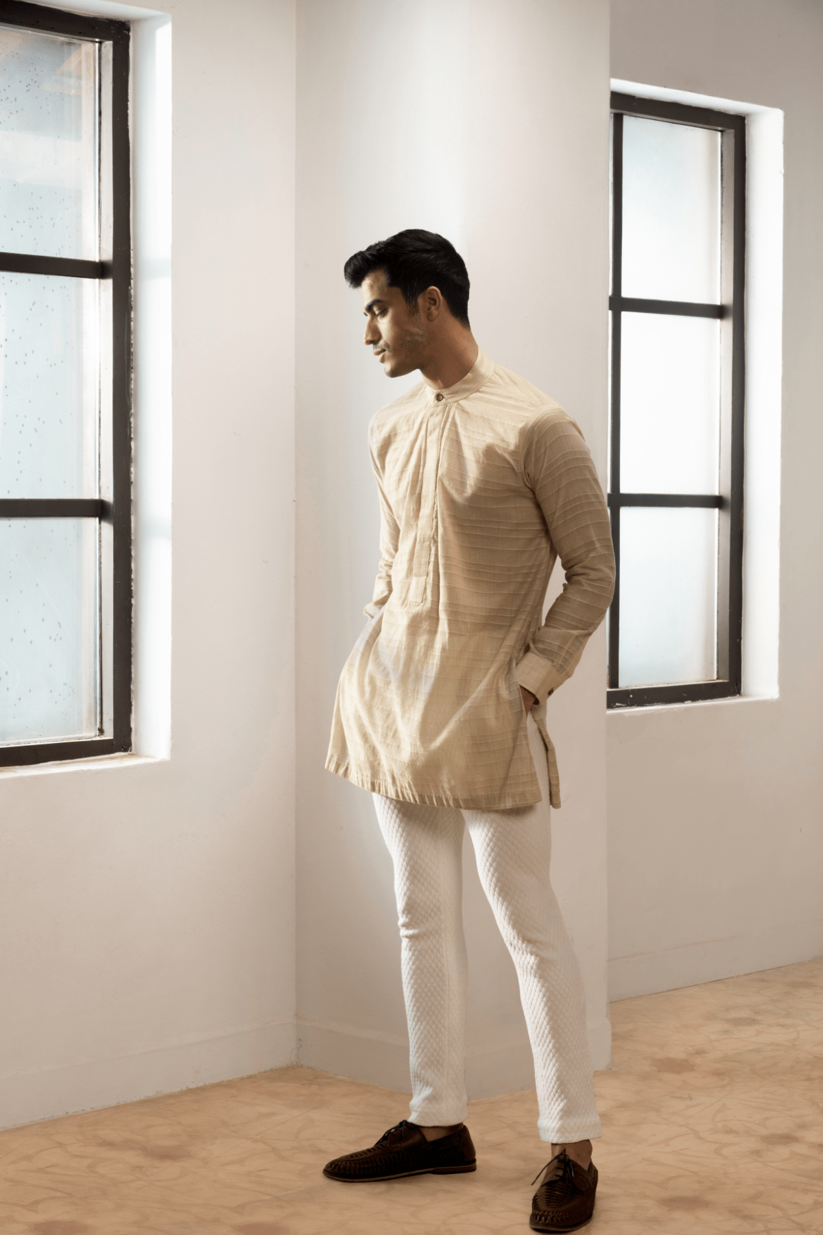 Ivory textured jacket with off white kurta and white pants. - Kunal Anil Tanna