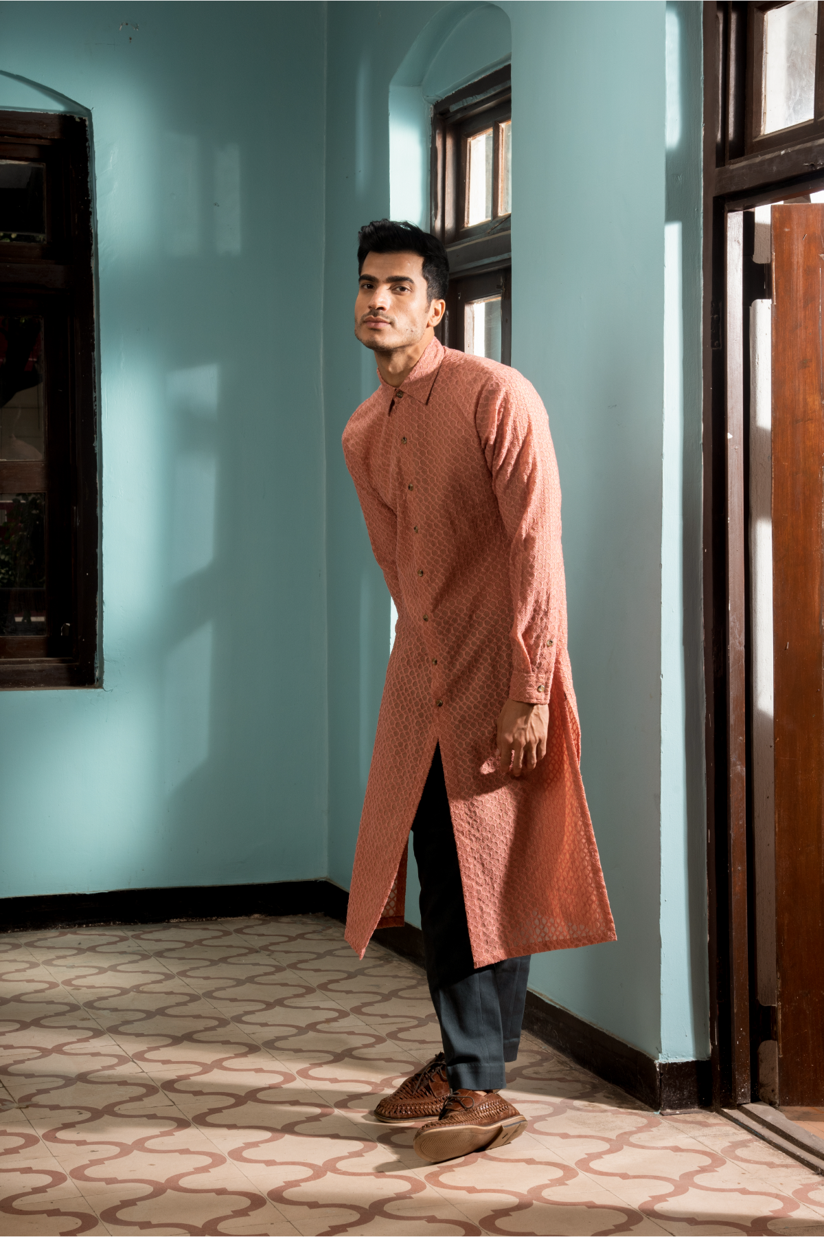 Salmon textured bandi jacket with salmon long kurta and grey trousers - Kunal Anil Tanna