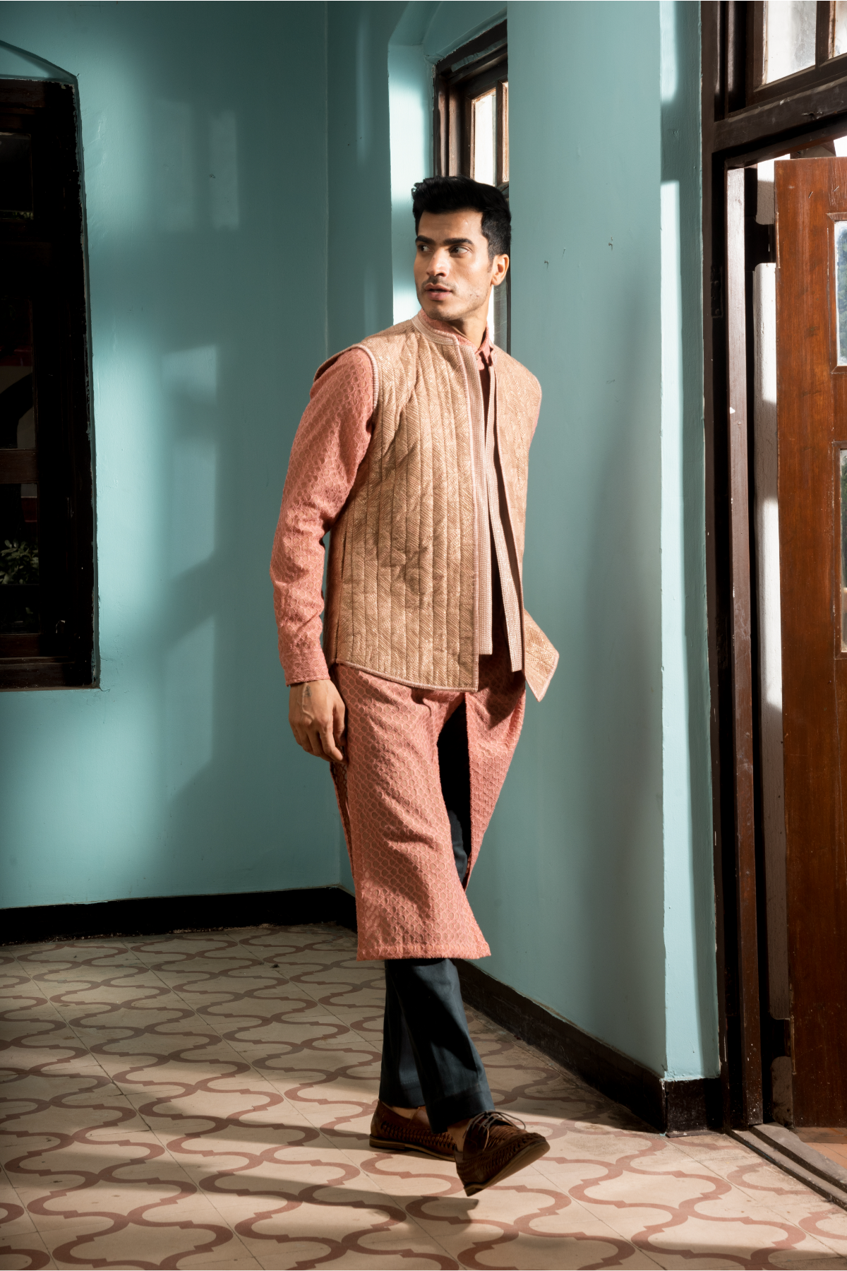 Salmon textured bandi jacket with salmon long kurta and grey trousers - Kunal Anil Tanna