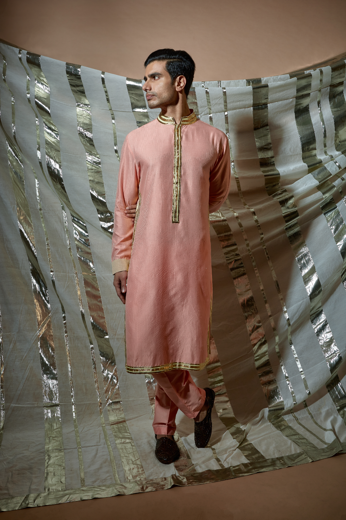 Peach zari textured kurta set - Kunal Anil Tanna