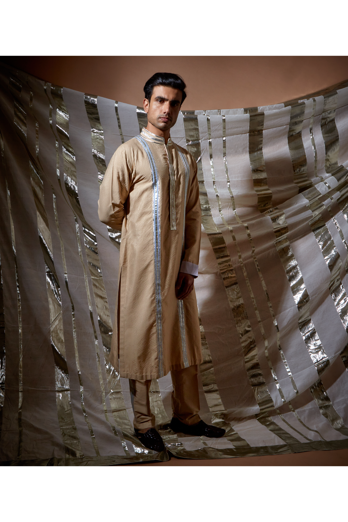 Beige zari textured with blue patch detail kurta set - Kunal Anil Tanna
