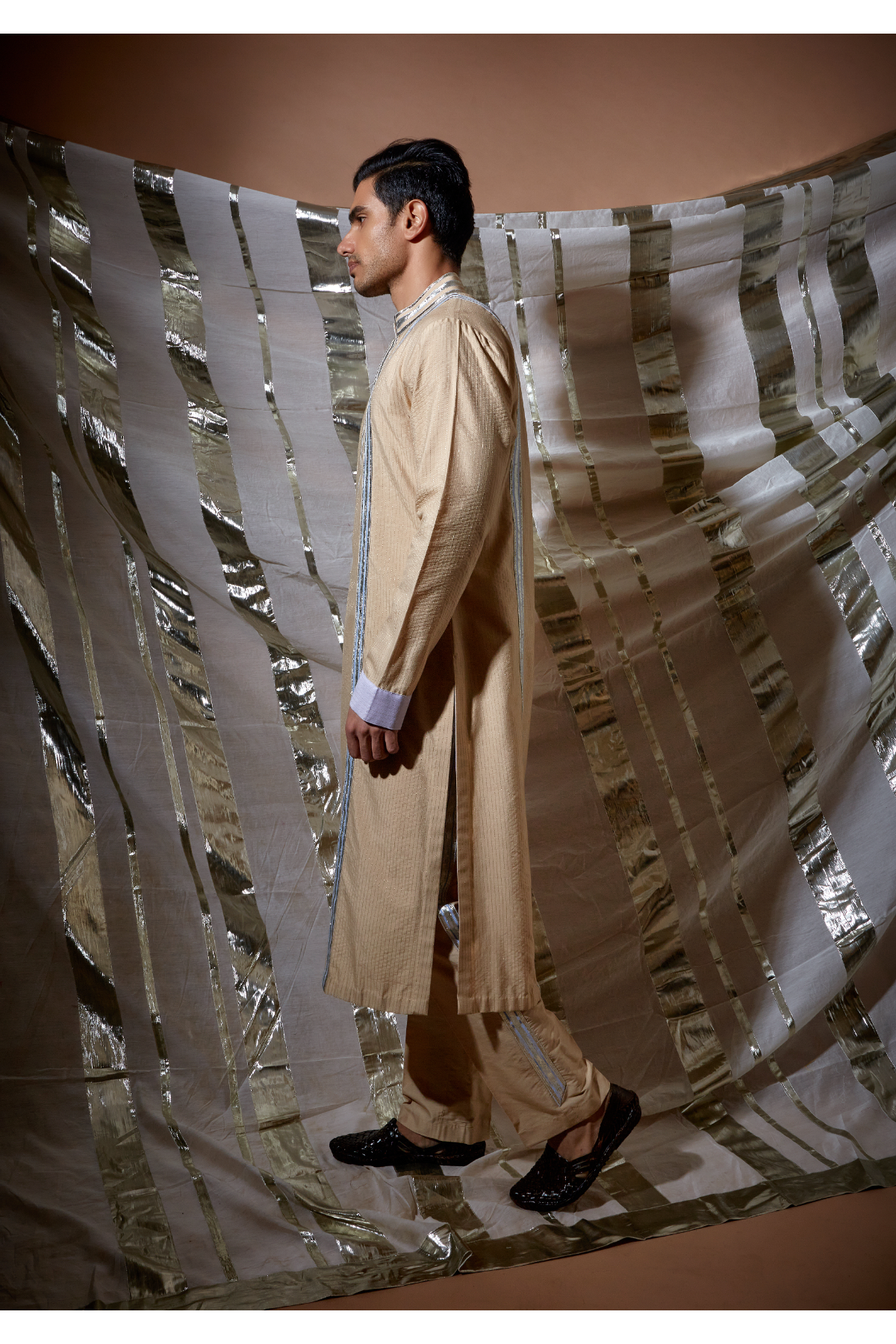 Beige zari textured with blue patch detail kurta set - Kunal Anil Tanna