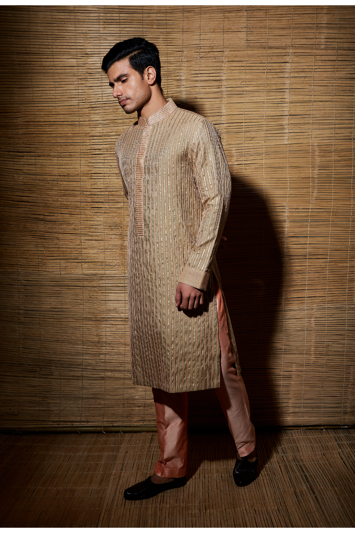 Beige peach thread and gotta textured kurta with pants - Kunal Anil Tanna