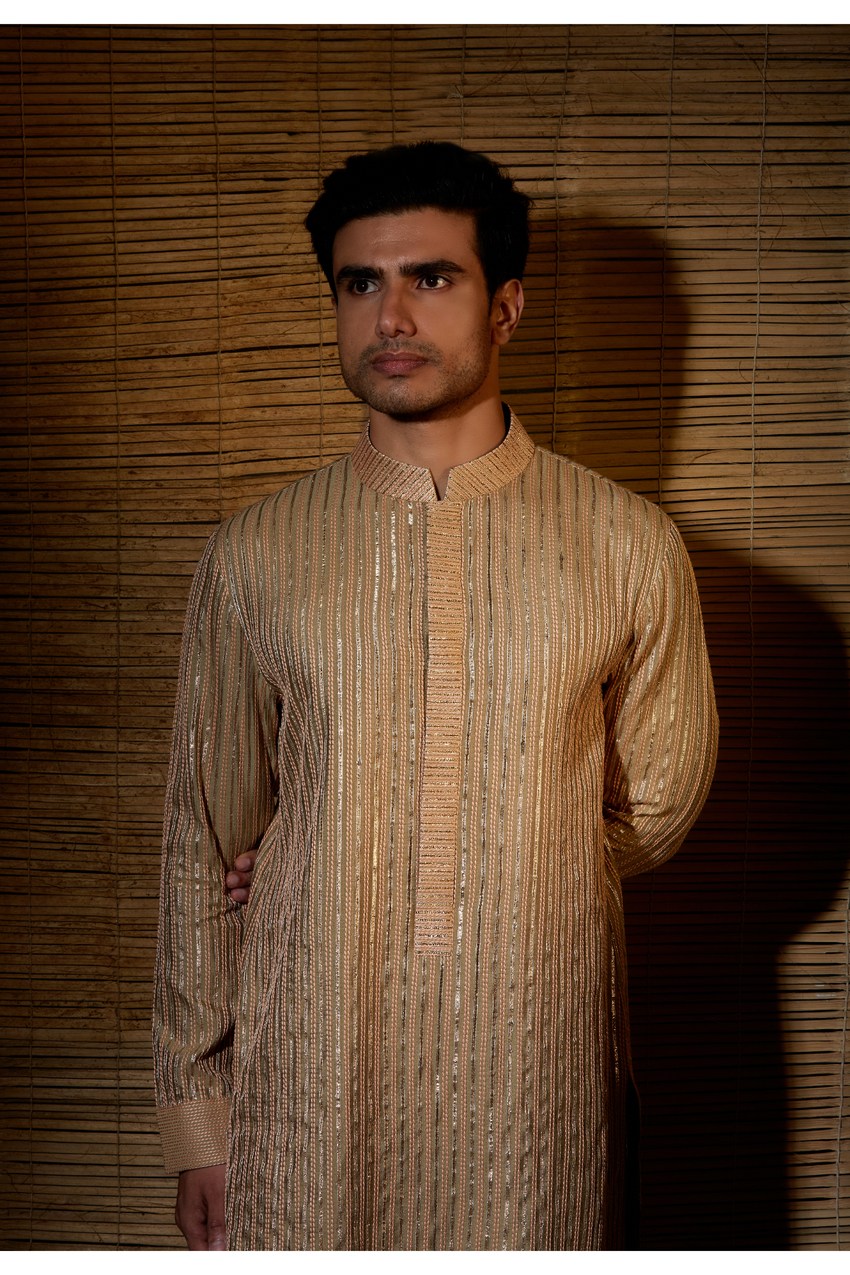 Beige peach thread and gotta textured kurta with pants - Kunal Anil Tanna