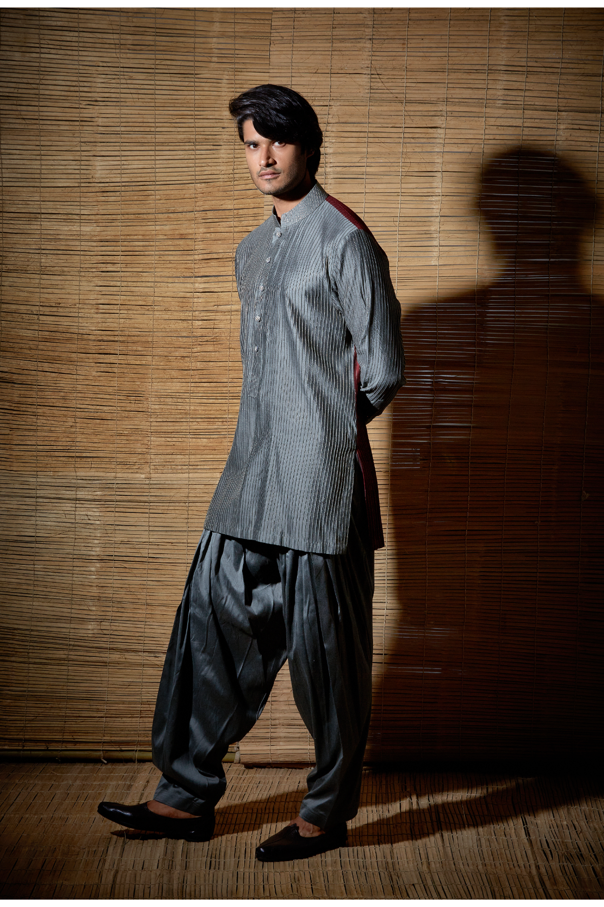 Grey textured kurta with maroon back paired with salwar - Kunal Anil Tanna