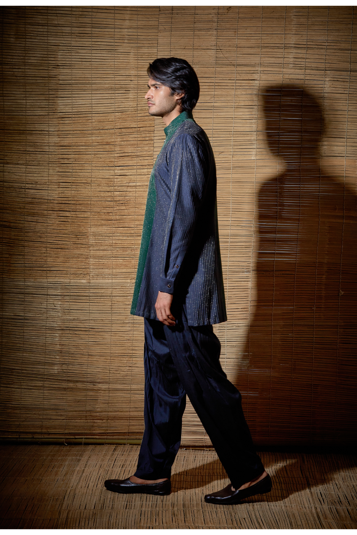 Dark blue textured kurta with dark green detail paired with salwar - Kunal Anil Tanna