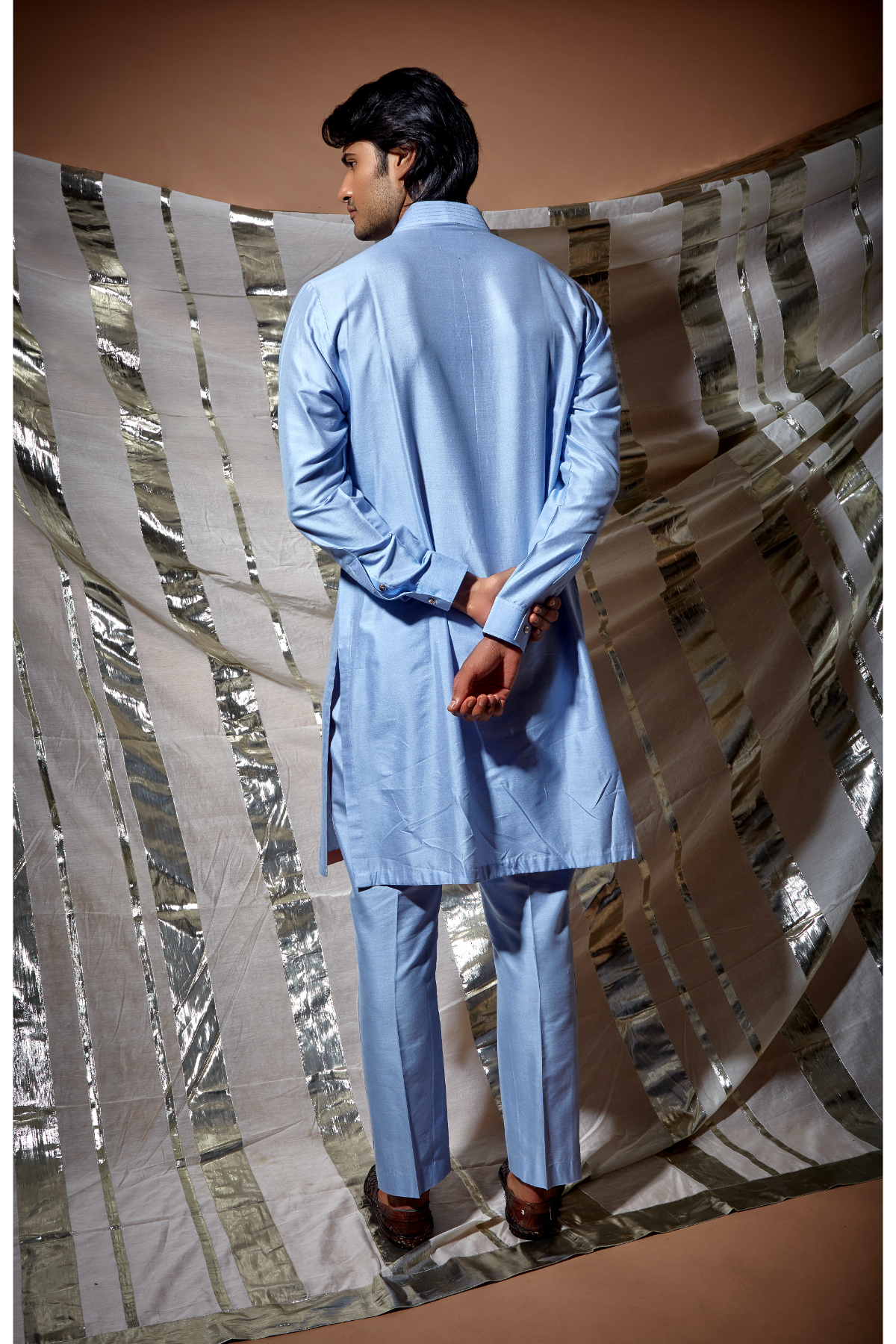 Blue zari textured bandi jacket with lilac detail paired with kurta and pyjama pants - Kunal Anil Tanna