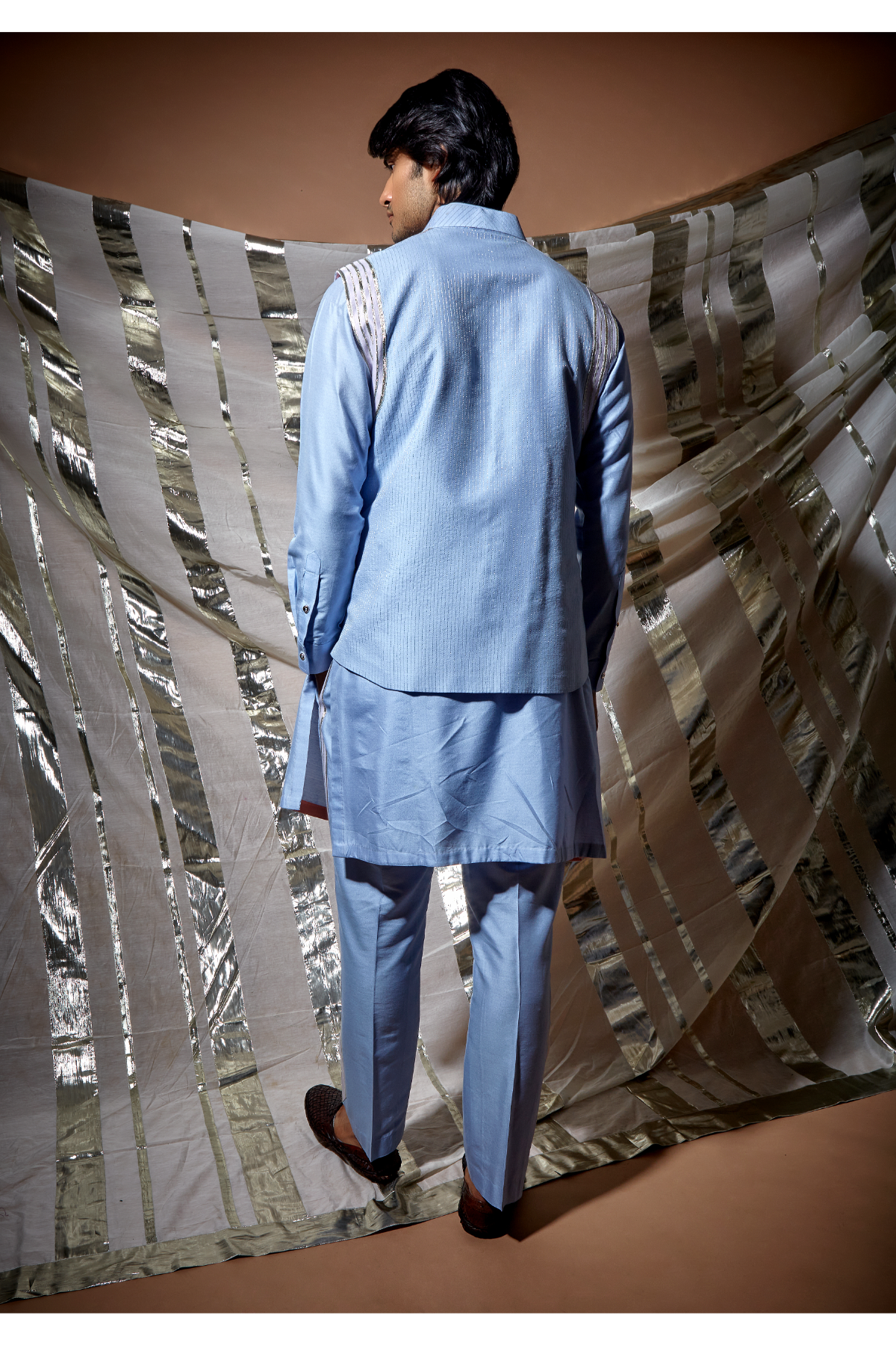 Blue zari textured bandi jacket with lilac detail paired with kurta and pyjama pants - Kunal Anil Tanna