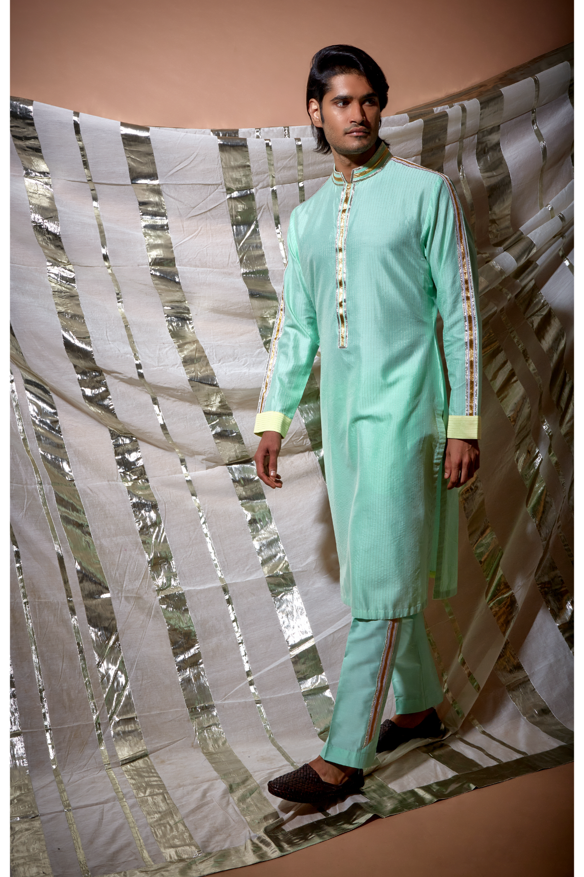 Green zari textured with yellow patch detail kurta set - Kunal Anil Tanna