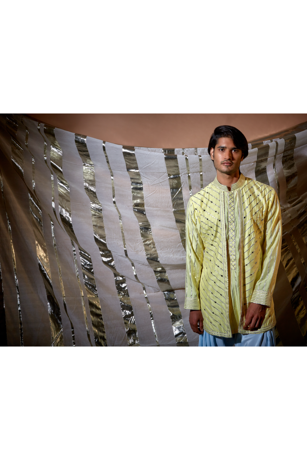 Yellow gotta textured layered kurta set - Kunal Anil Tanna