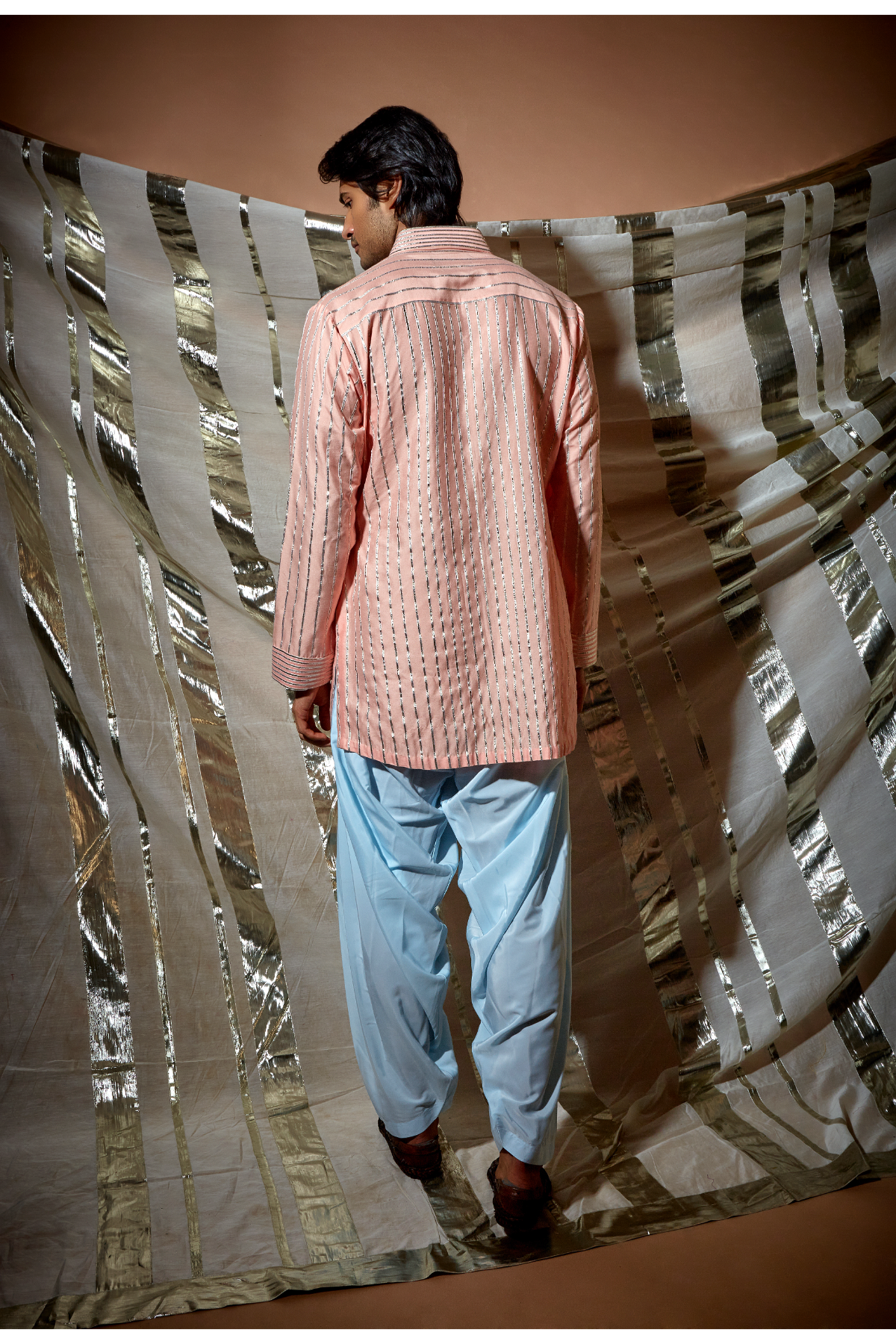 Peach gotta textured kurta set - Kunal Anil Tanna