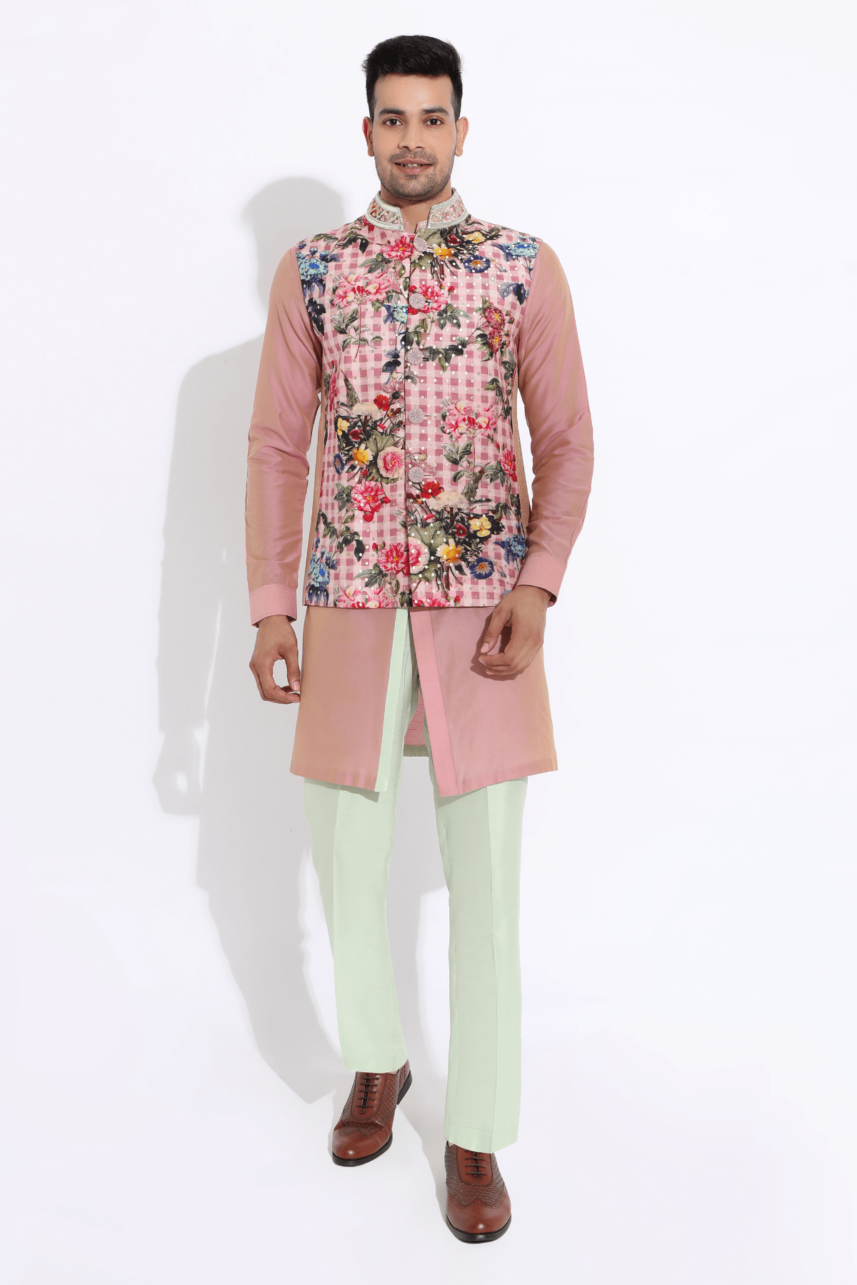 Salmon floral bandi, salmon shirt kurta, off-white aligarhi - Kunal Anil Tanna