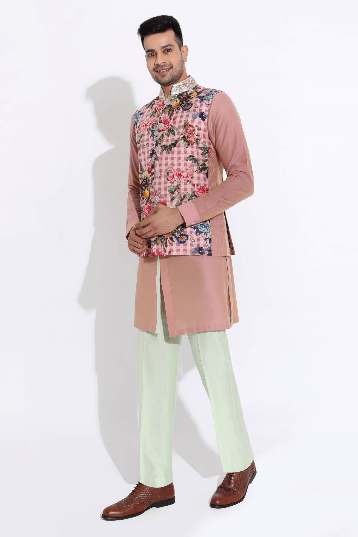 Salmon floral bandi, salmon shirt kurta, off-white aligarhi - Kunal Anil Tanna