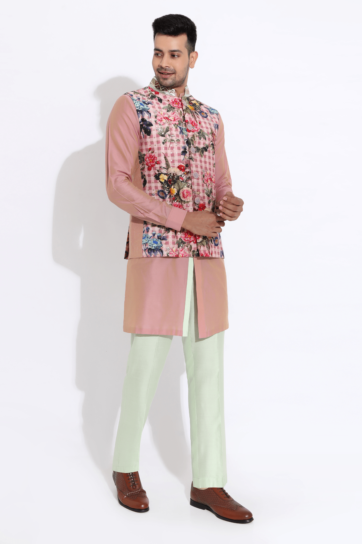 Salmon floral bandi, salmon shirt kurta, off-white aligarhi - Kunal Anil Tanna