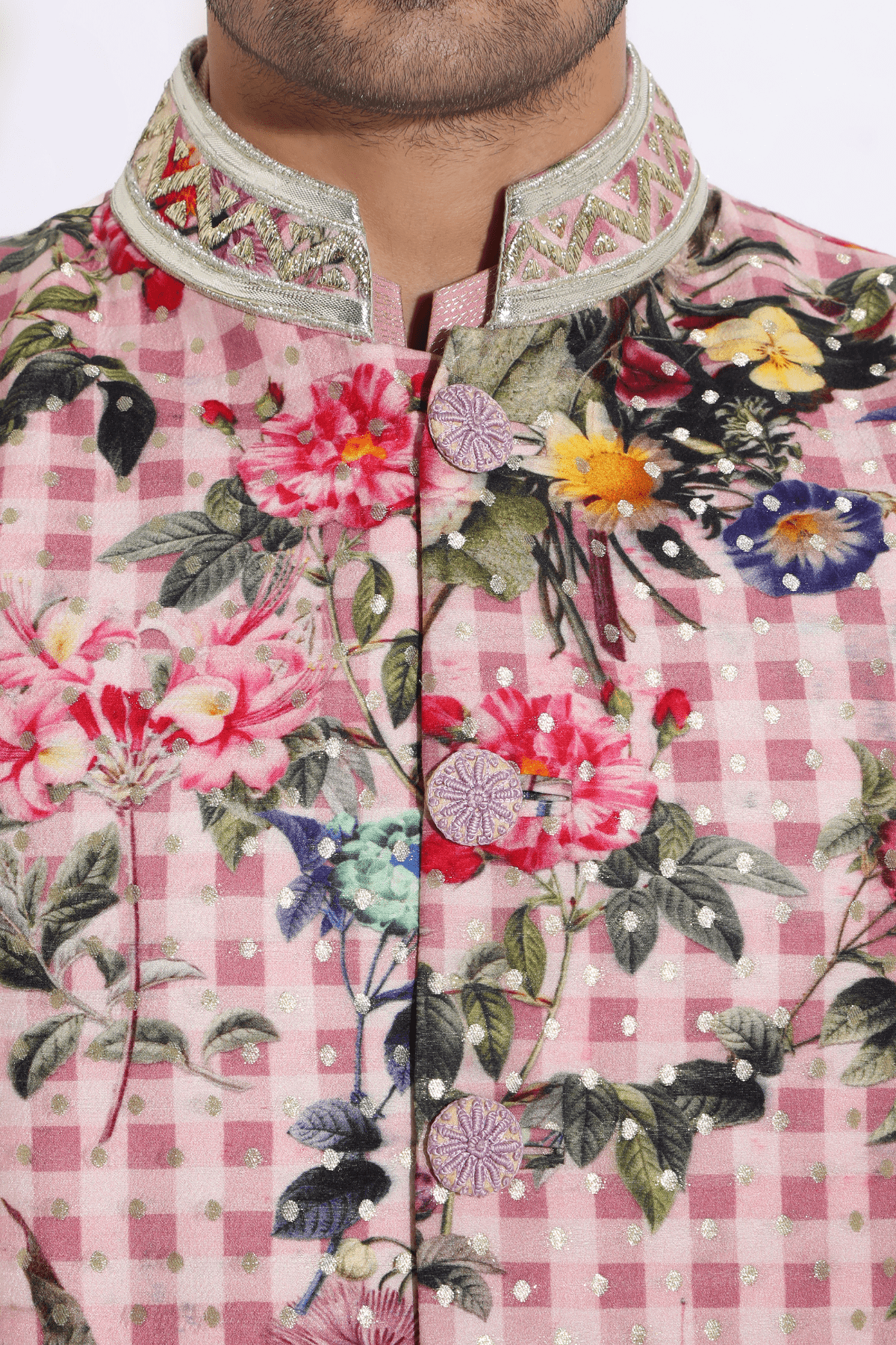 Salmon floral bandi, salmon shirt kurta, off-white aligarhi - Kunal Anil Tanna