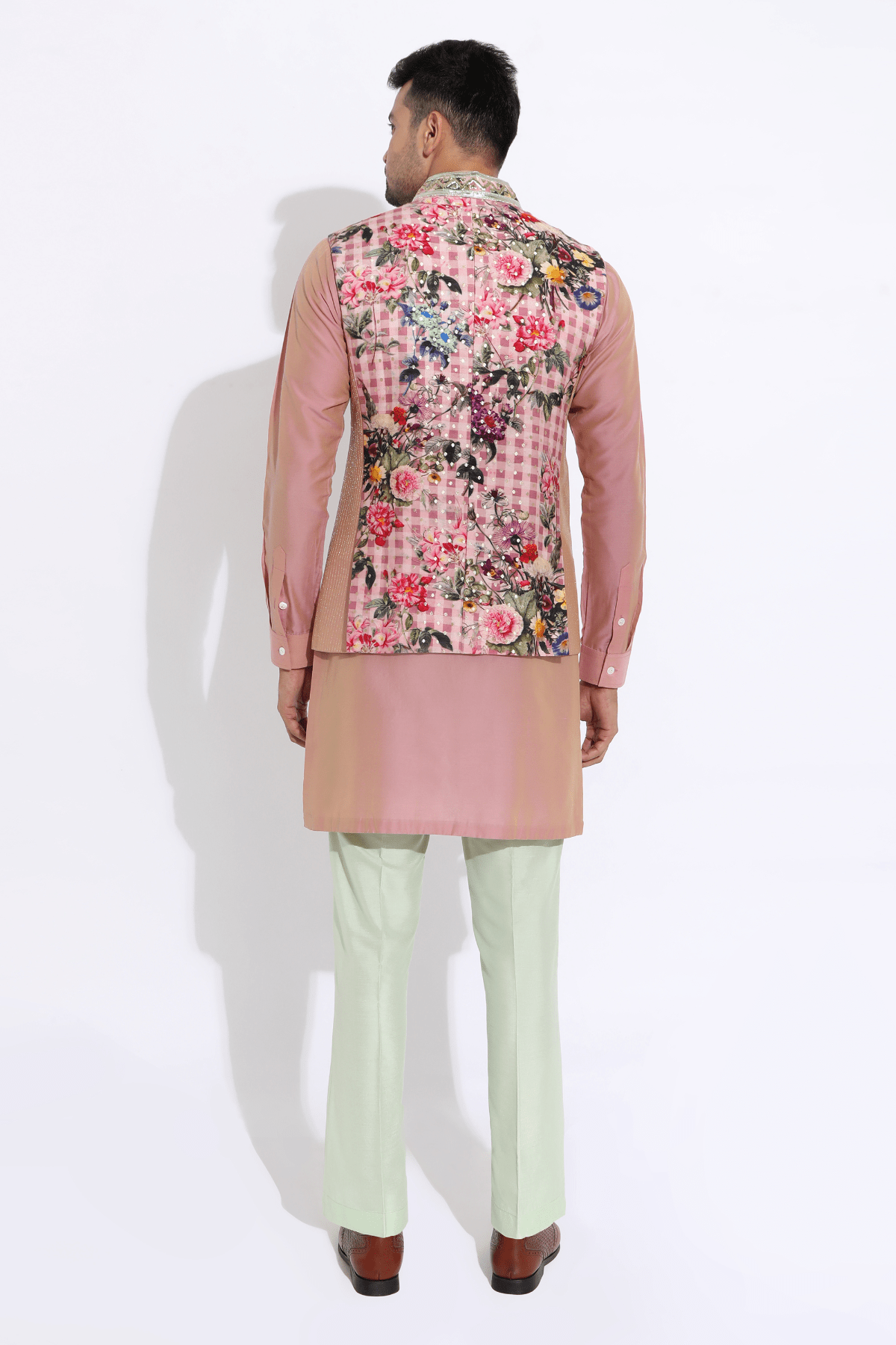Salmon floral bandi, salmon shirt kurta, off-white aligarhi - Kunal Anil Tanna