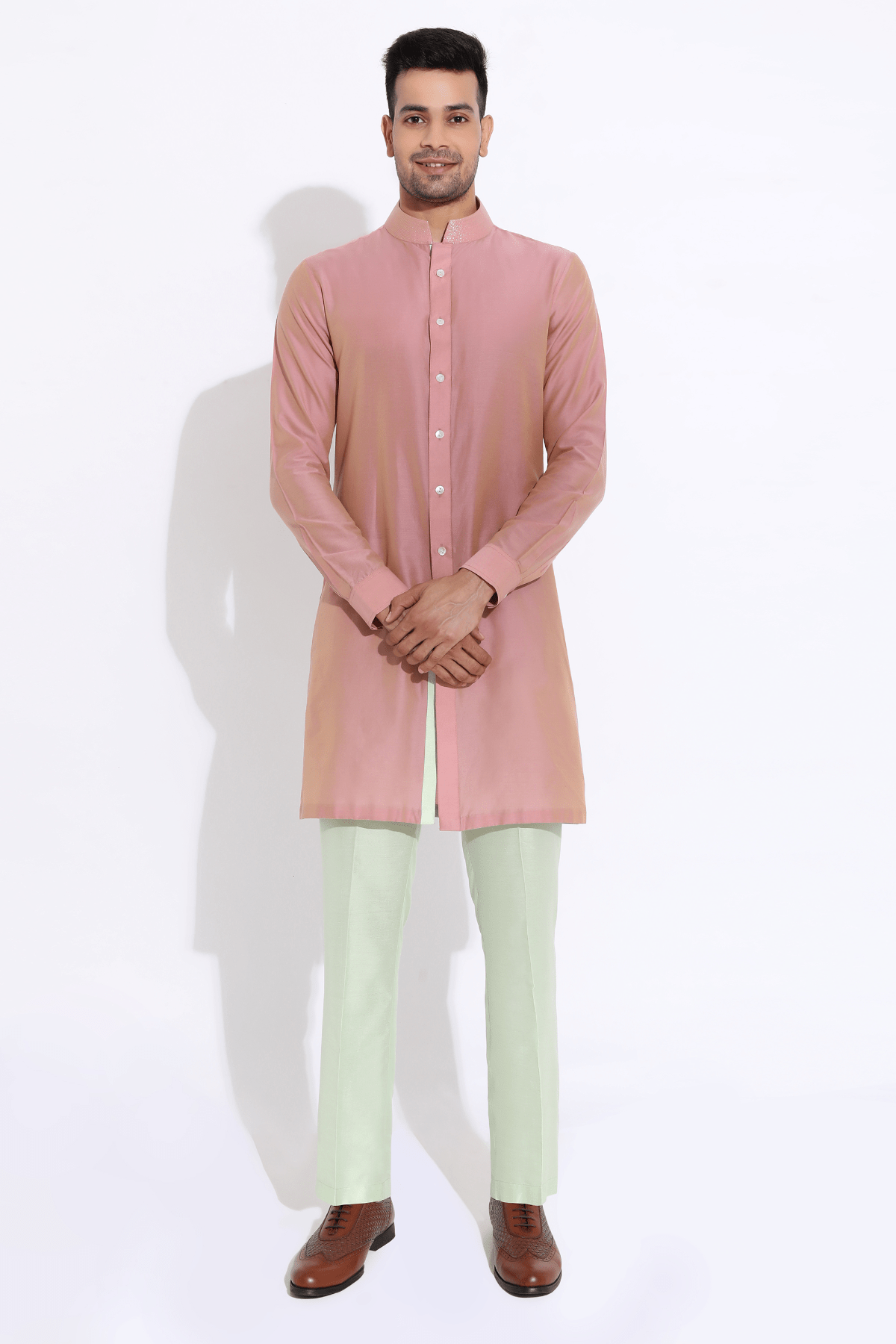 Salmon floral bandi, salmon shirt kurta, off-white aligarhi - Kunal Anil Tanna