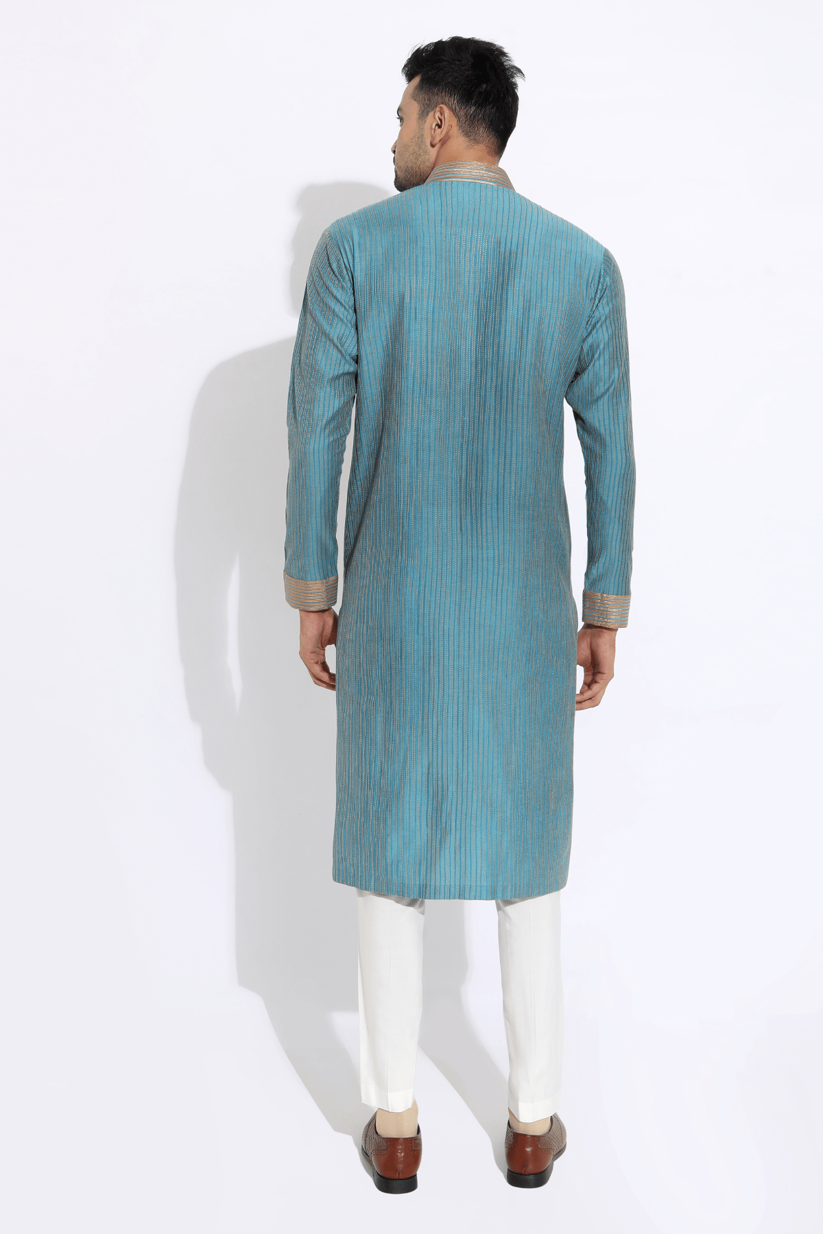 Turquoise blue textured kurta with pyjama pants - Kunal Anil Tanna
