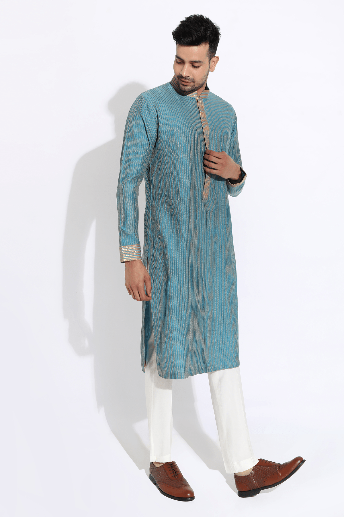 Turquoise blue textured kurta with pyjama pants - Kunal Anil Tanna