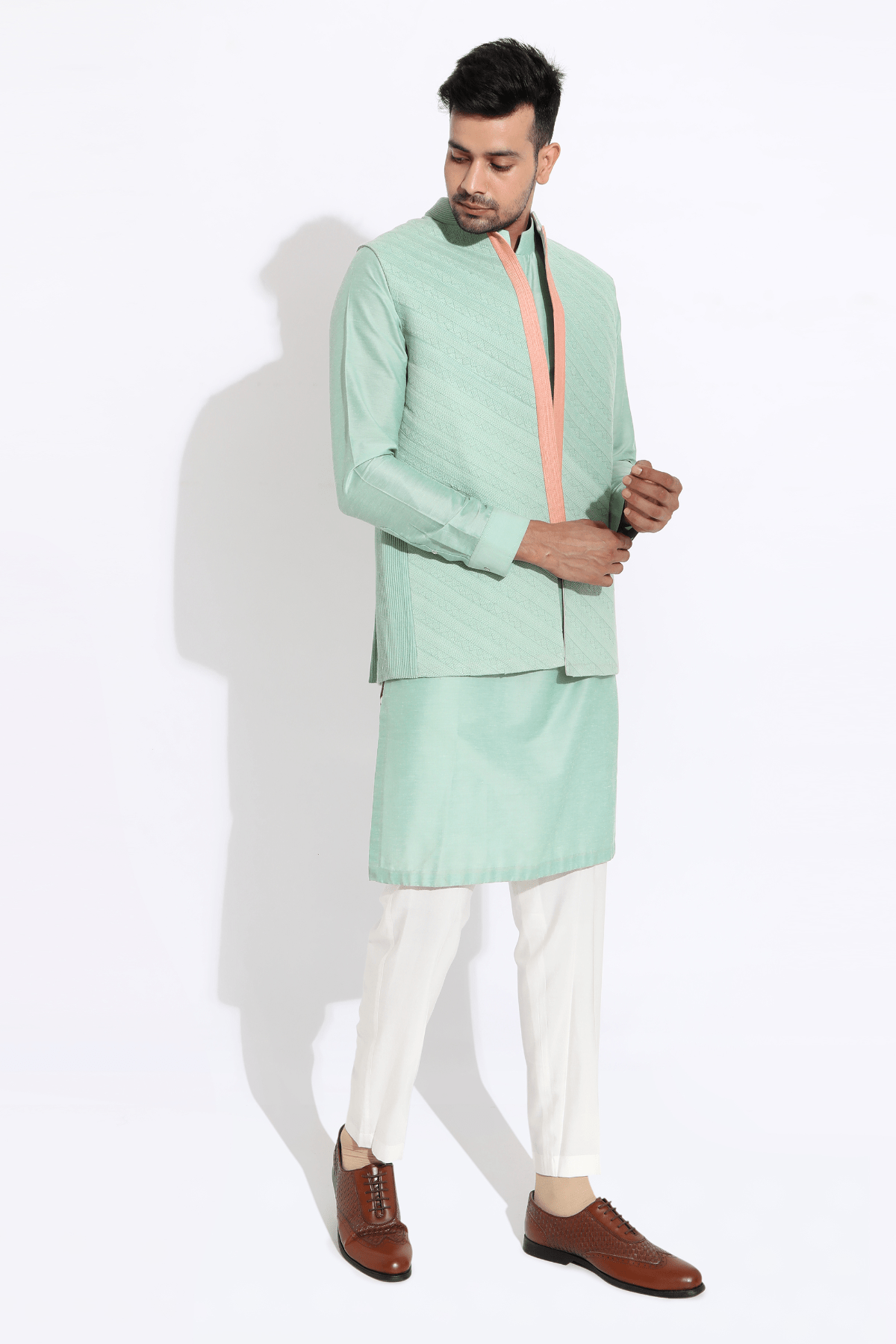 Aqua bandi jacket,Aqua kurta,off-white aligarhi - Kunal Anil Tanna