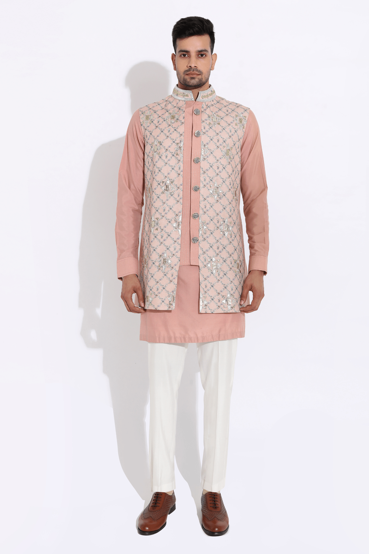 Salmon floral bandi, salmon short kurta,off-white aligarhi - Kunal Anil Tanna