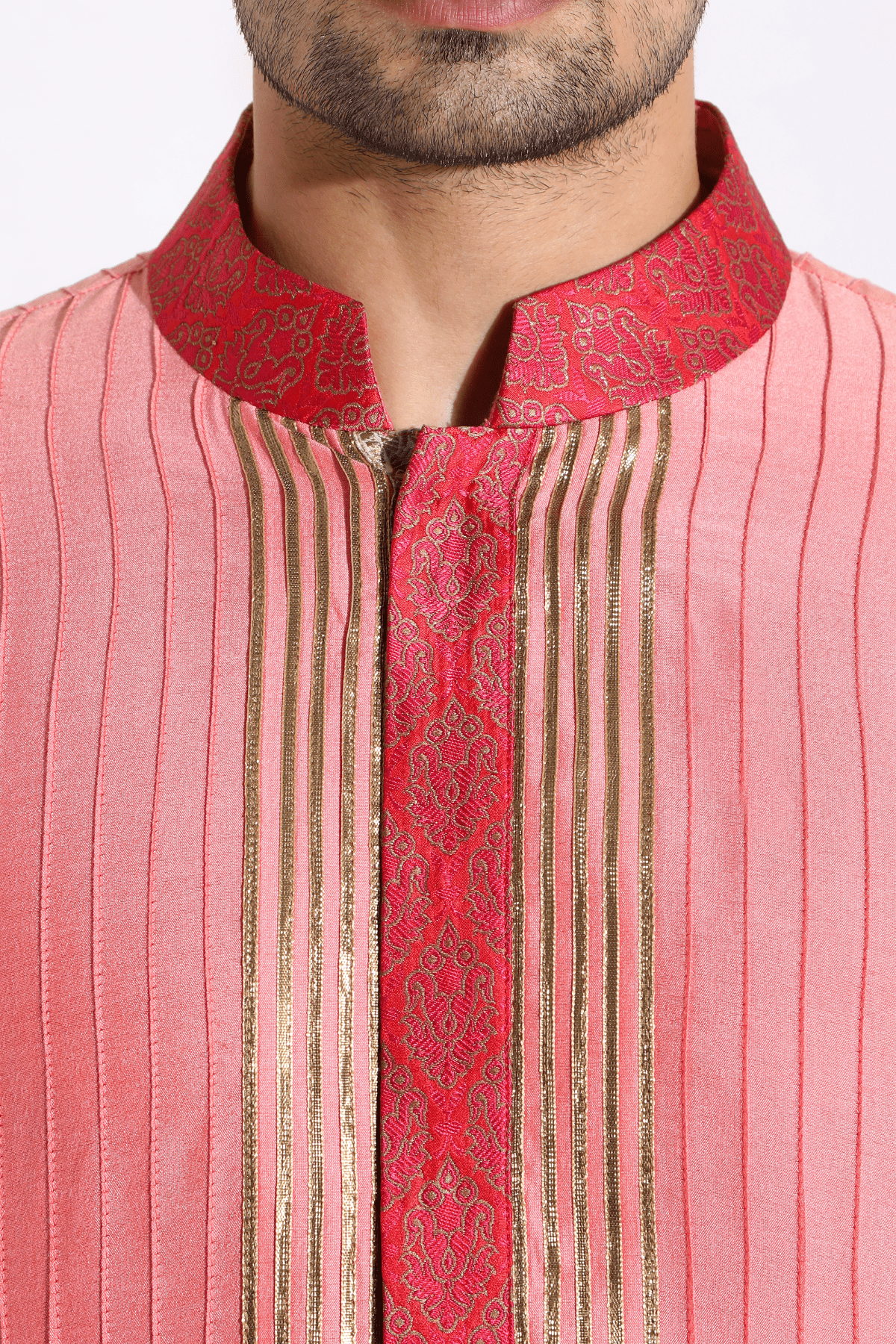 Pink textured kurta with red collar placket - Kunal Anil Tanna