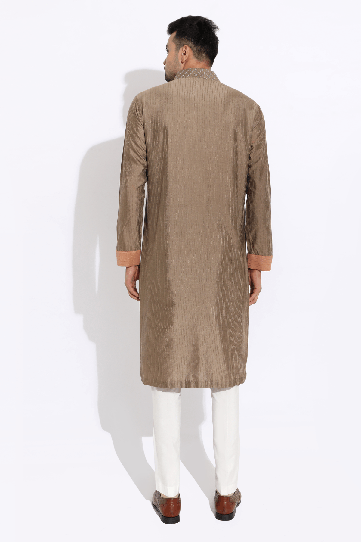 Beige textured kurta with salmon cuff and finish and pyjama - Kunal Anil Tanna