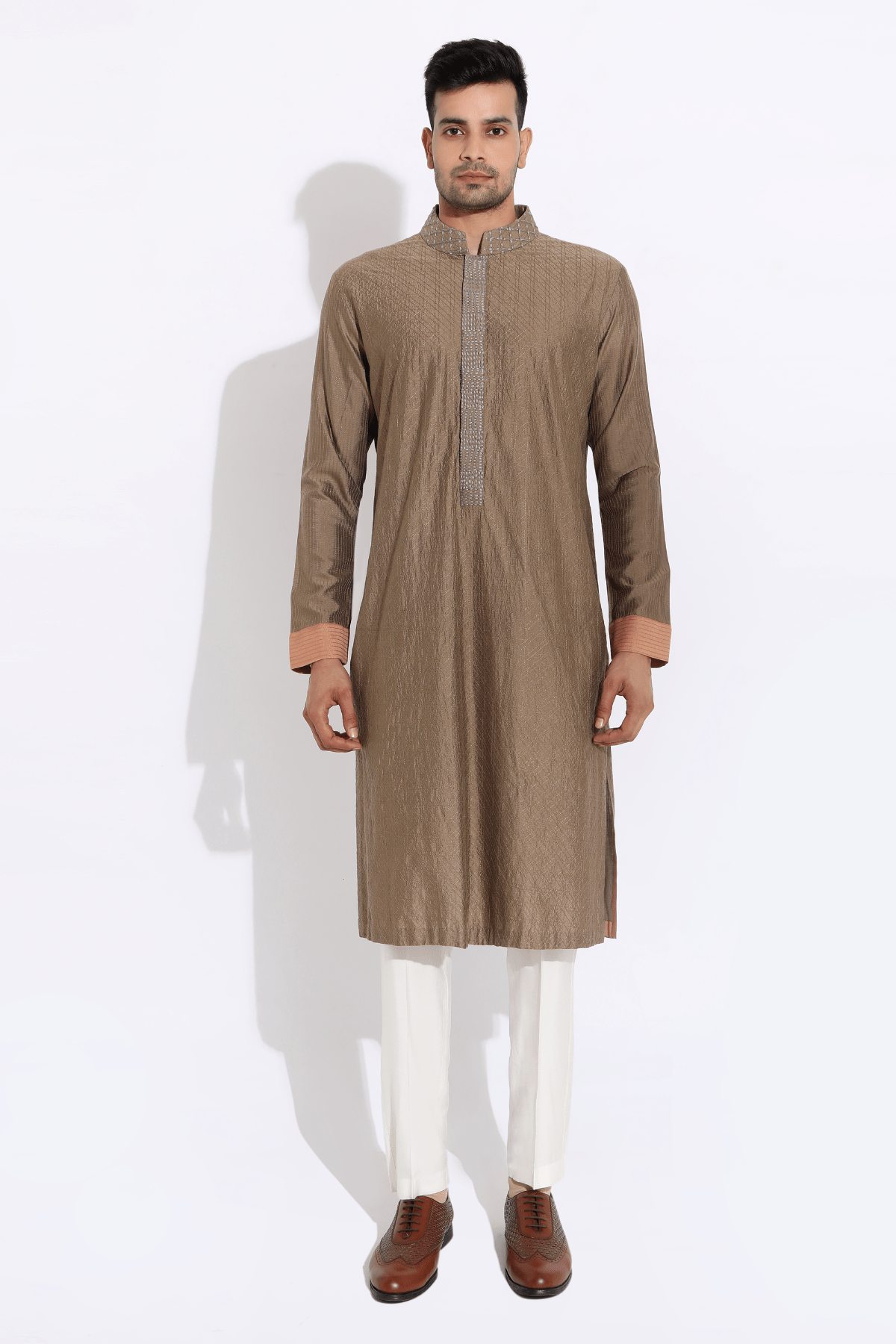 Beige textured kurta with salmon cuff and finish and pyjama - Kunal Anil Tanna