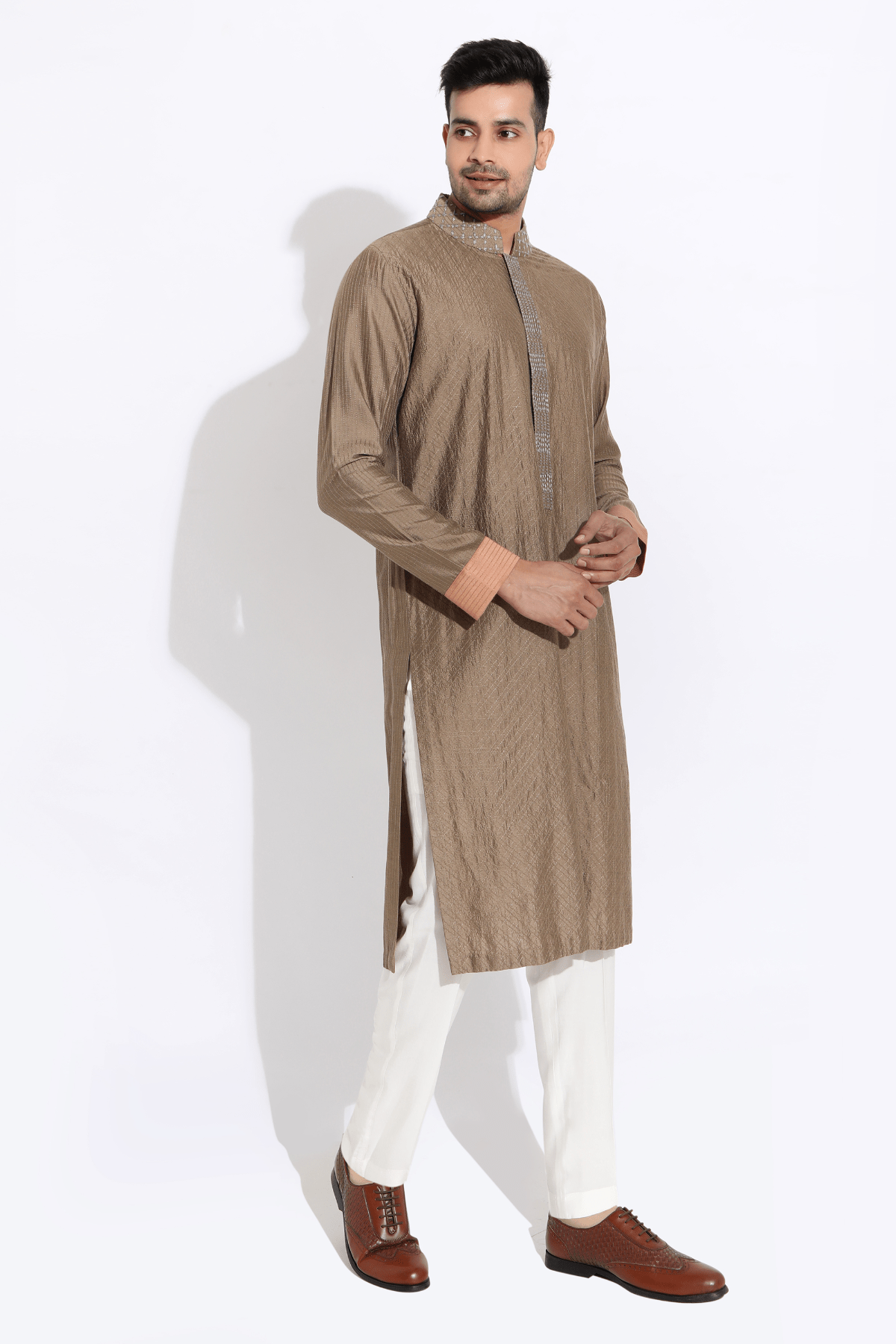 Beige textured kurta with salmon cuff and finish and pyjama - Kunal Anil Tanna