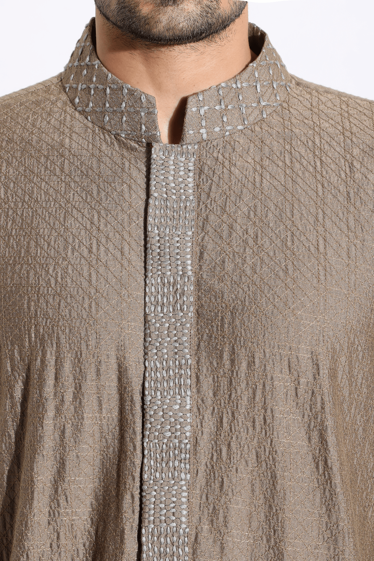 Beige textured kurta with salmon cuff and finish and pyjama - Kunal Anil Tanna