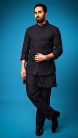 Ayushmann Khurrana in  Dark blue pintucks and thread texture bandi kurta set