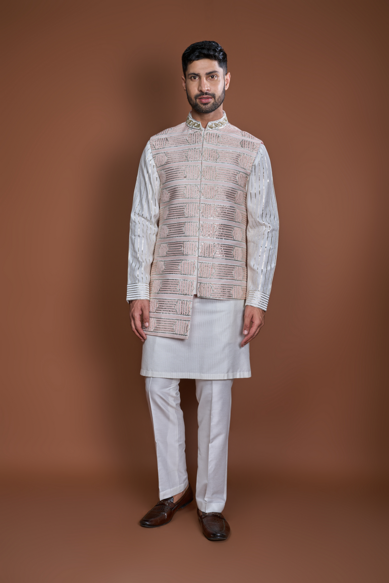 Off white peach thread textured bandi kurta set