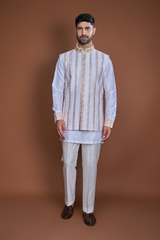 Off white peach zari textured bandi kurta set