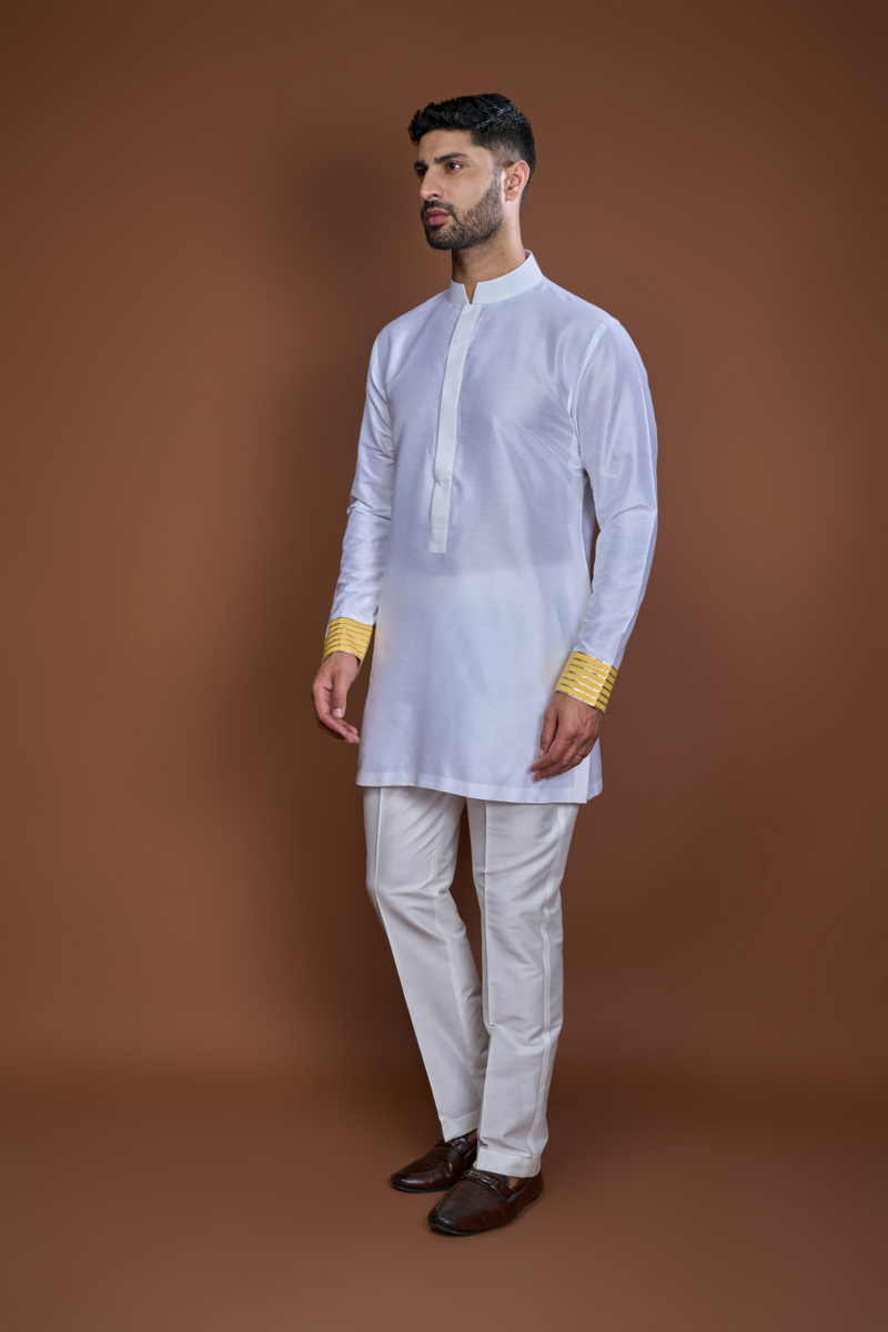 Off white yellow zari textured bandi kurta set