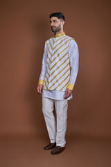 Off white yellow zari textured bandi kurta set