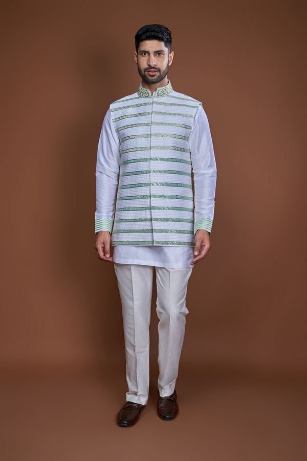 Off white aqua zari textured bandi kurta set