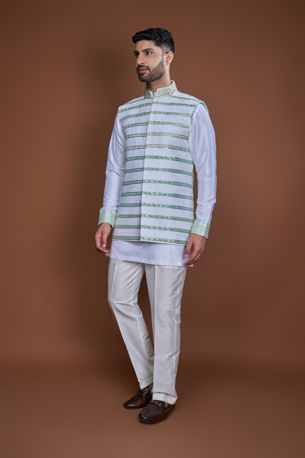 Off white aqua zari textured bandi kurta set