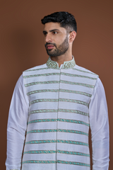 Off white aqua zari textured bandi kurta set